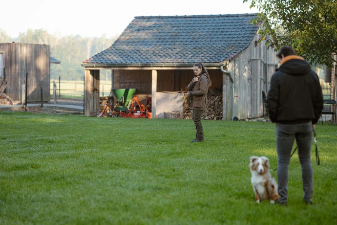 Hondencoach begeleidt eigenaar en hond tijdens individuele training in Limburg